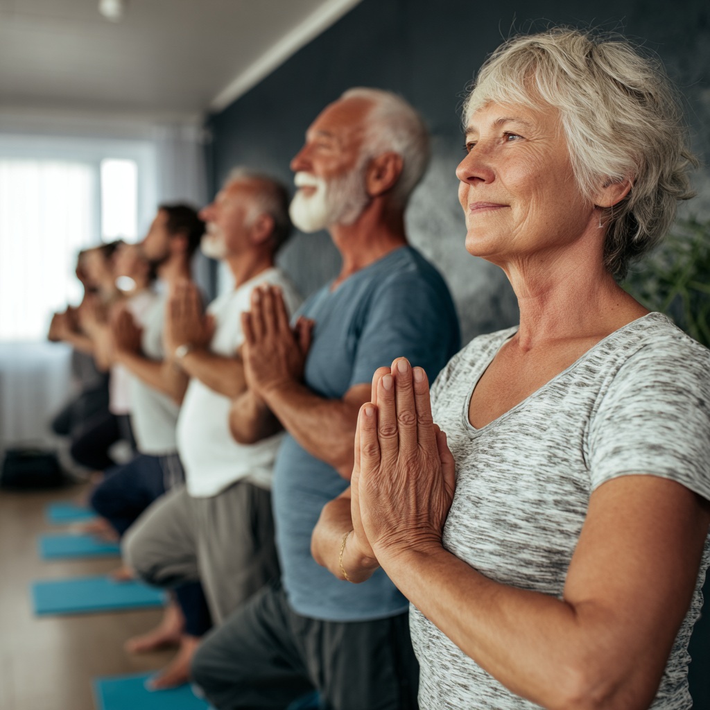 Diverse group of middle-aged and senior adults practicing gentle yoga poses together in a peaceful studio