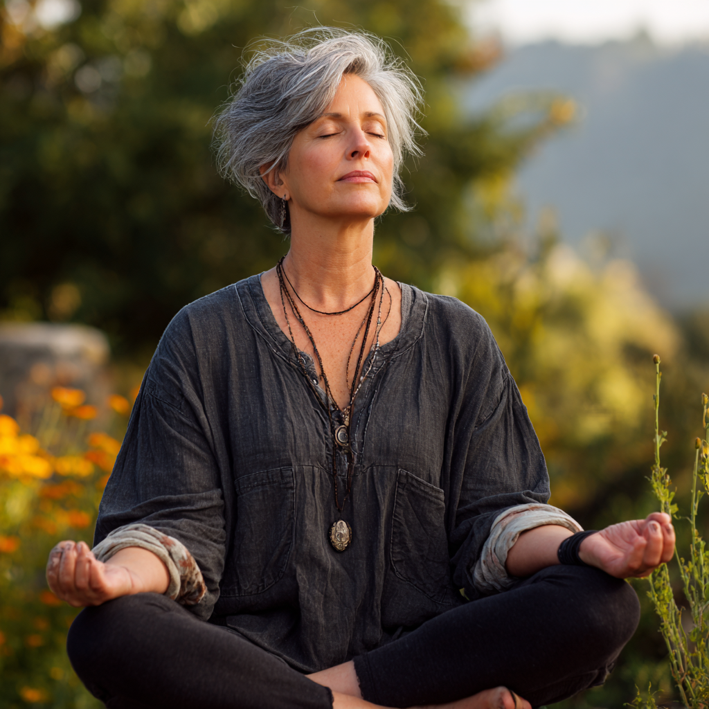 Mature woman in peaceful meditation pose outdoors surrounded by nature